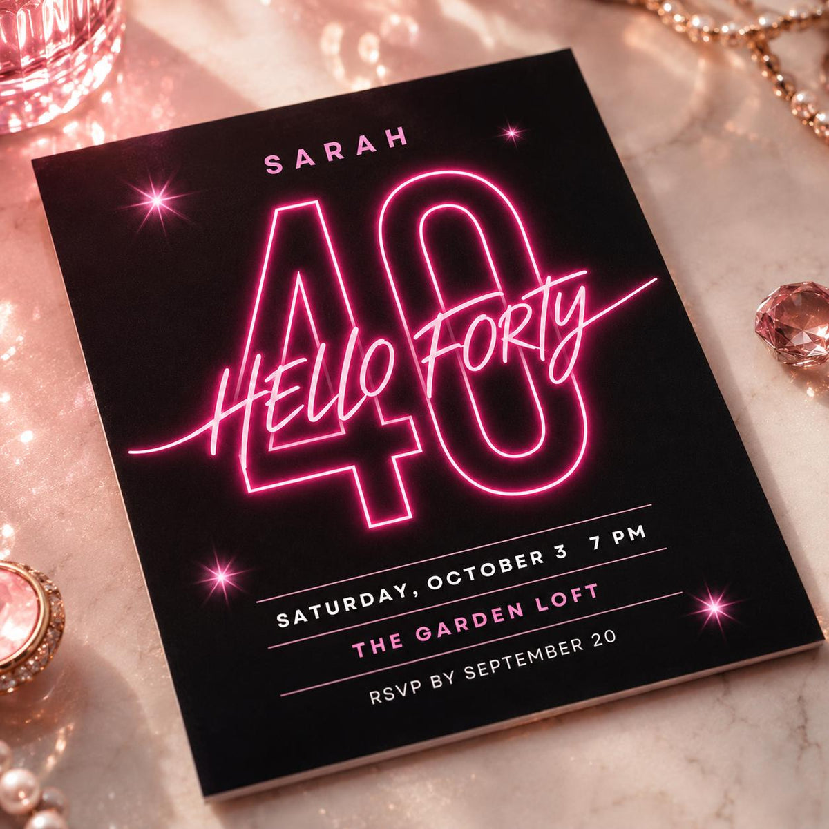 Pink and Black 40th Birthday Invitation — digital invitation, instant download