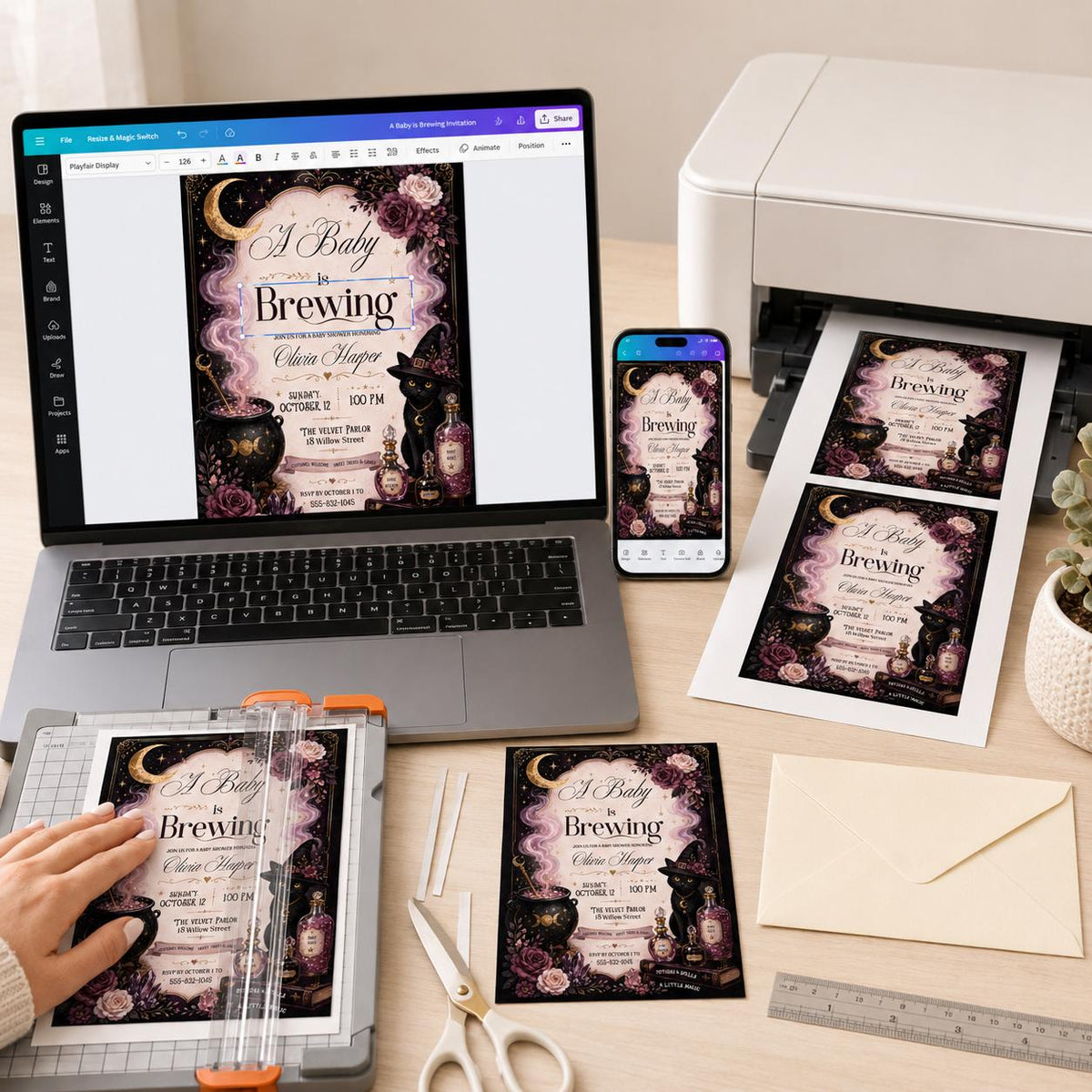 Pink and Black A Baby Is Brewing Invitation — cat coffee design