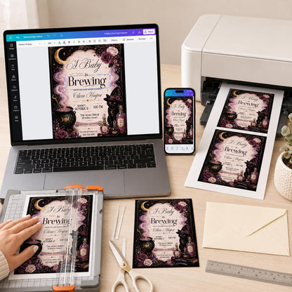 Pink and Black A Baby Is Brewing Invitation — cat coffee design