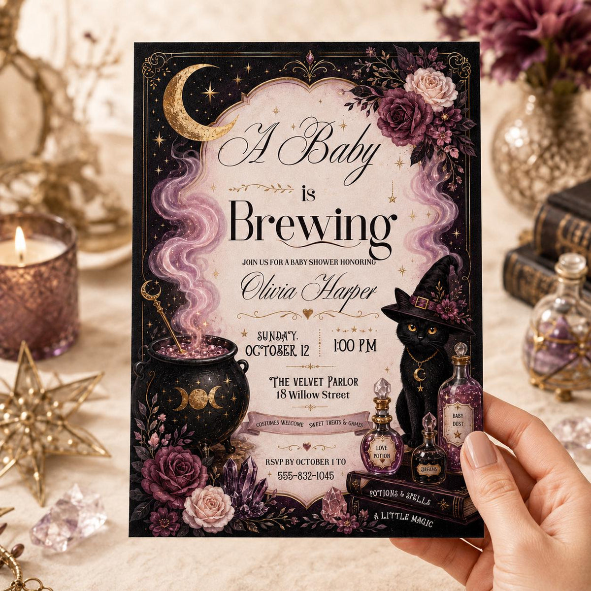 Pink and Black A Baby Is Brewing Invitation — gothic baby shower design