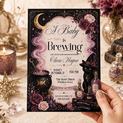 Pink and Black A Baby Is Brewing Invitation — gothic baby shower design
