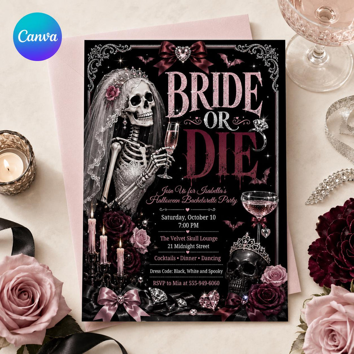 Pink and Black Bride or Die Bachelorette Invitation — editable Canva template