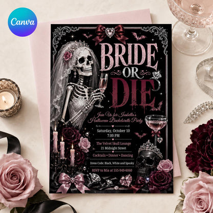 Pink and Black Bride or Die Bachelorette Invitation — editable Canva template