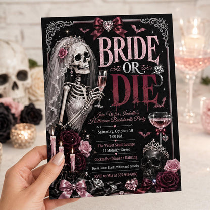 Pink and Black Bride or Die Bachelorette Invitation — skeleton design