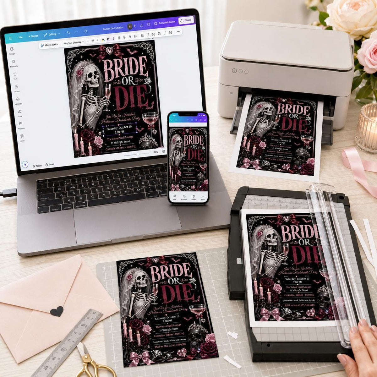 Pink and Black Bride or Die Bachelorette Invitation — invitation you personalize in Canva