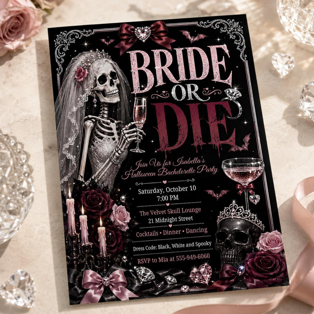 Pink and Black Bride or Die Bachelorette Invitation — gothic bachelorette party design