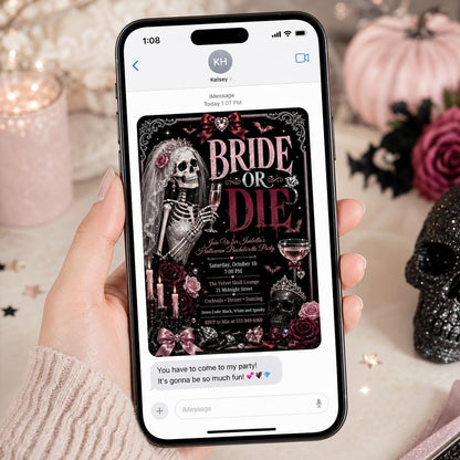 Pink and Black Bride or Die Bachelorette Invitation — print-ready bachelorette party design from VoltBy