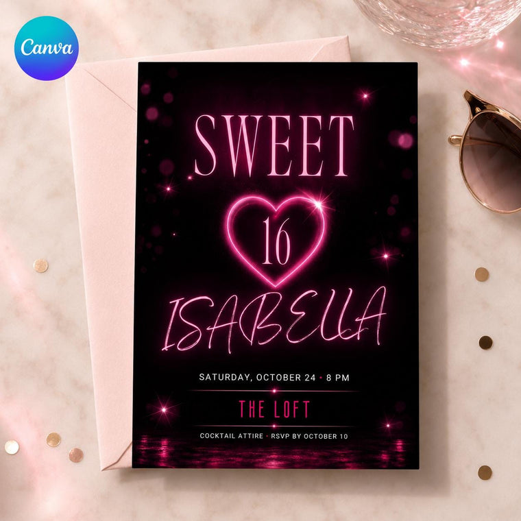 Pink and Black Sweet 16 Birthday Invitation