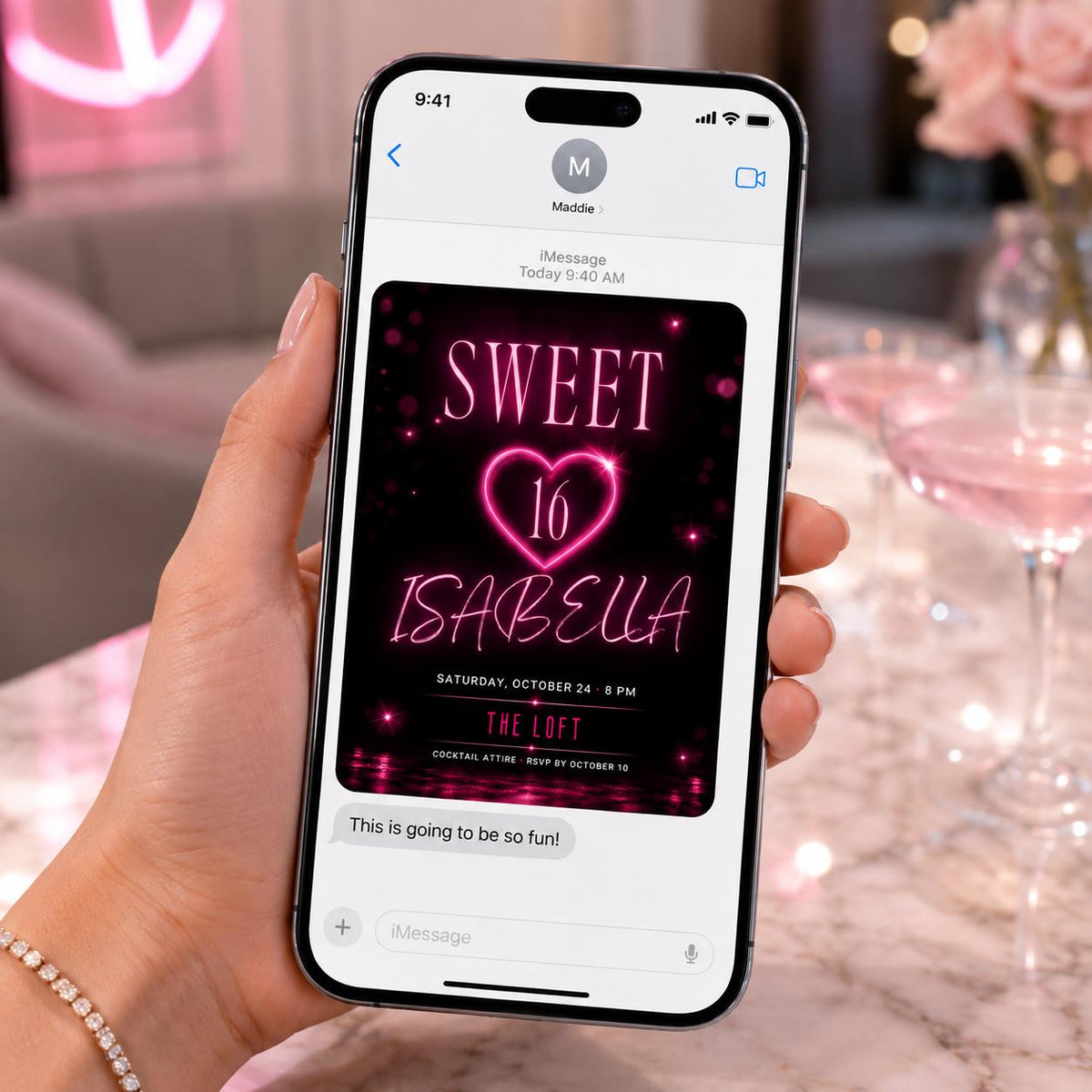 Pink and Black Sweet 16 Birthday Invitation — invitation you personalize in Canva