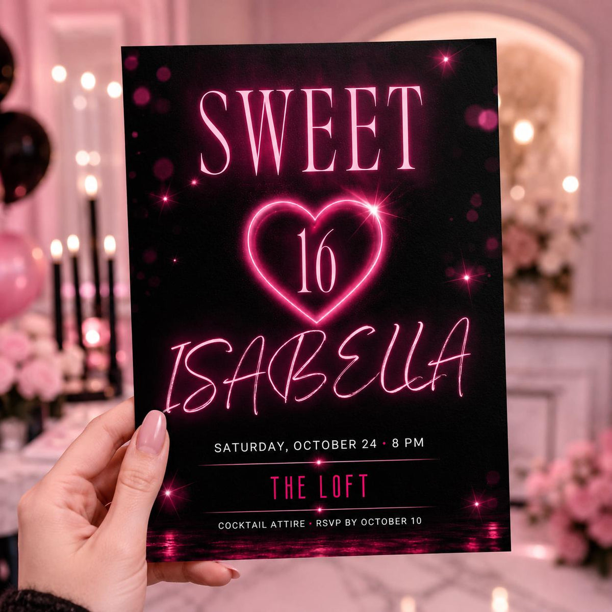 Pink and Black Sweet 16 Birthday Invitation — neon sweet 16 design
