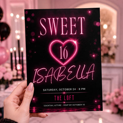 Pink and Black Sweet 16 Birthday Invitation — neon sweet 16 design