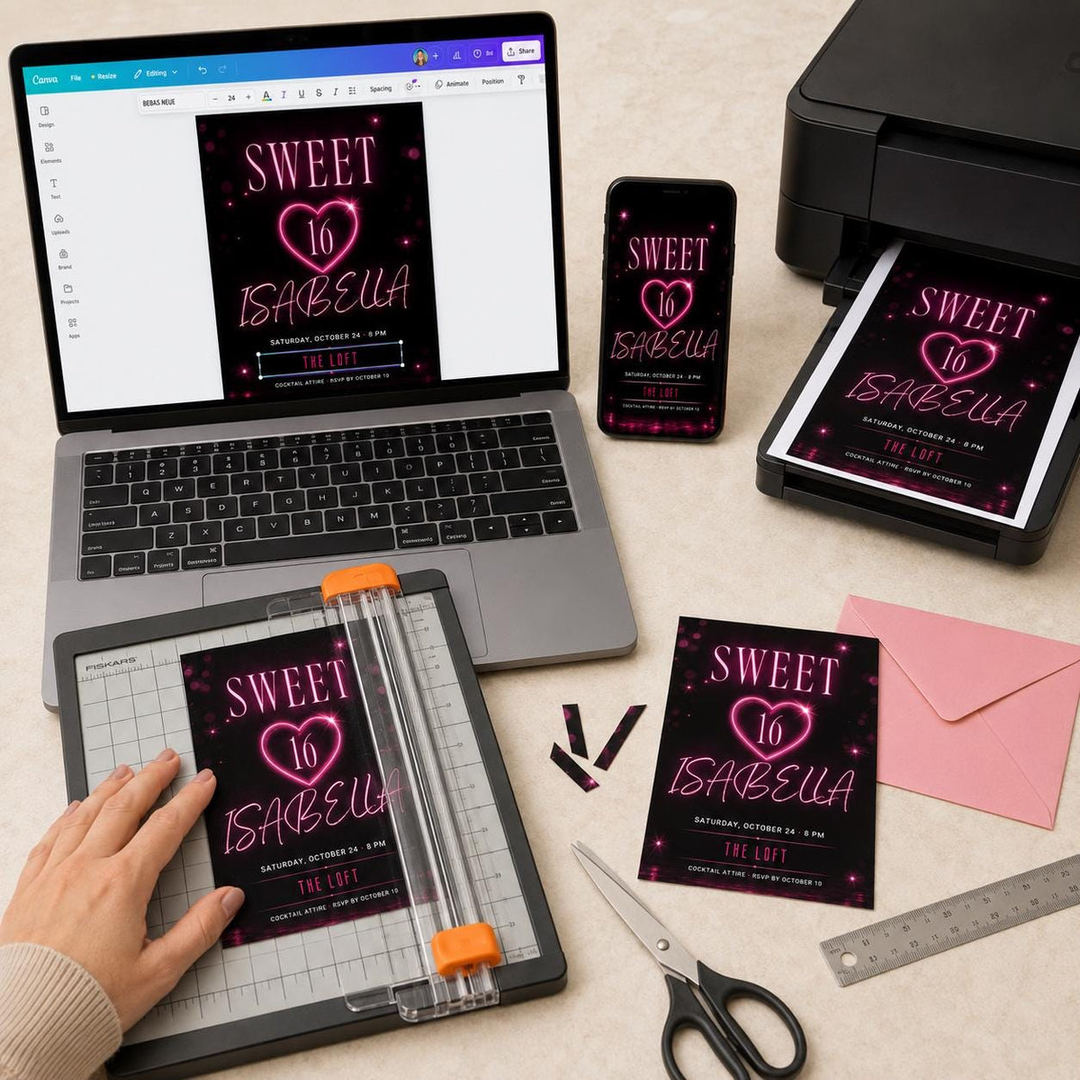 Pink and Black Sweet 16 Birthday Invitation — print-ready sweet 16 design from VoltBy