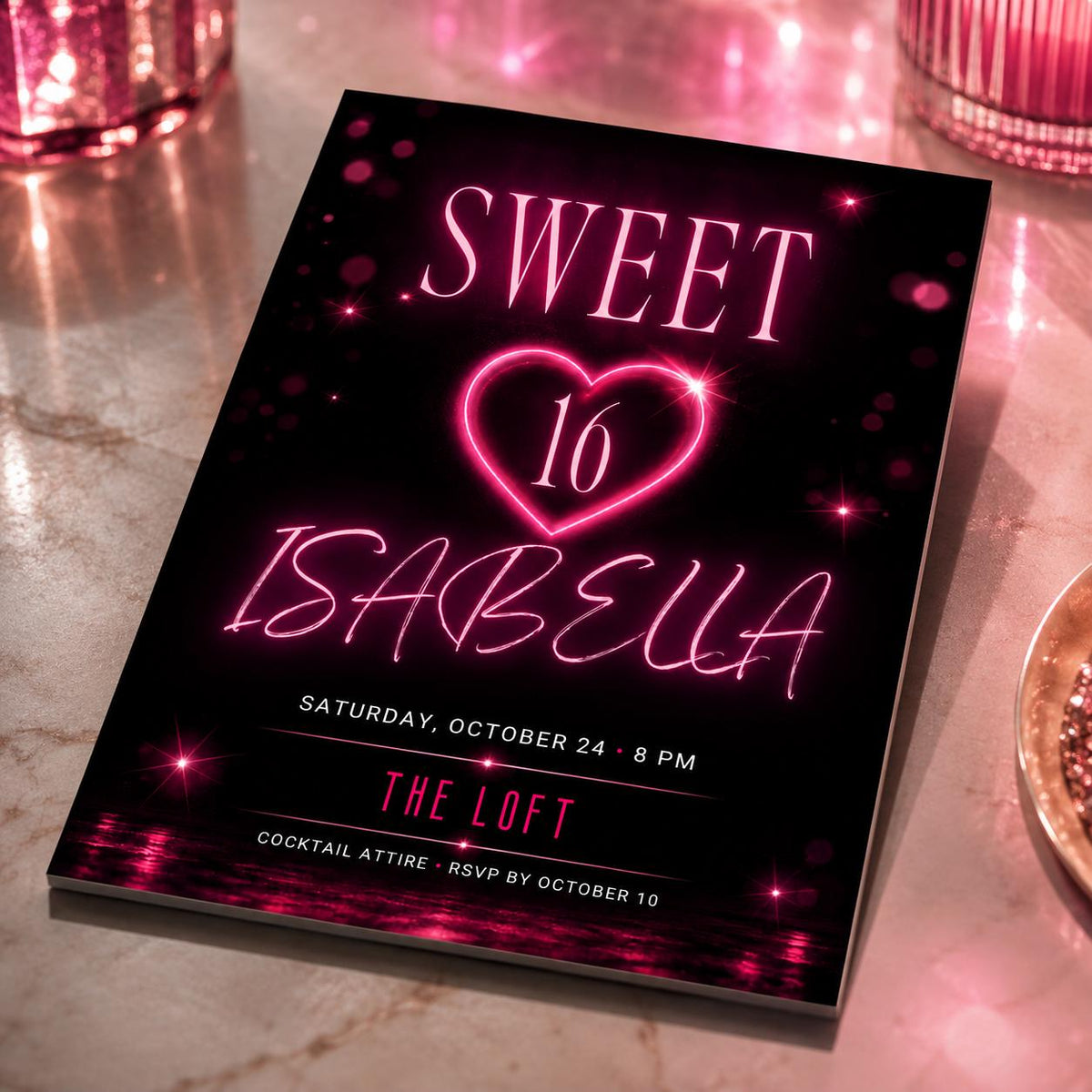 Pink and Black Sweet 16 Birthday Invitation — digital invitation, instant download