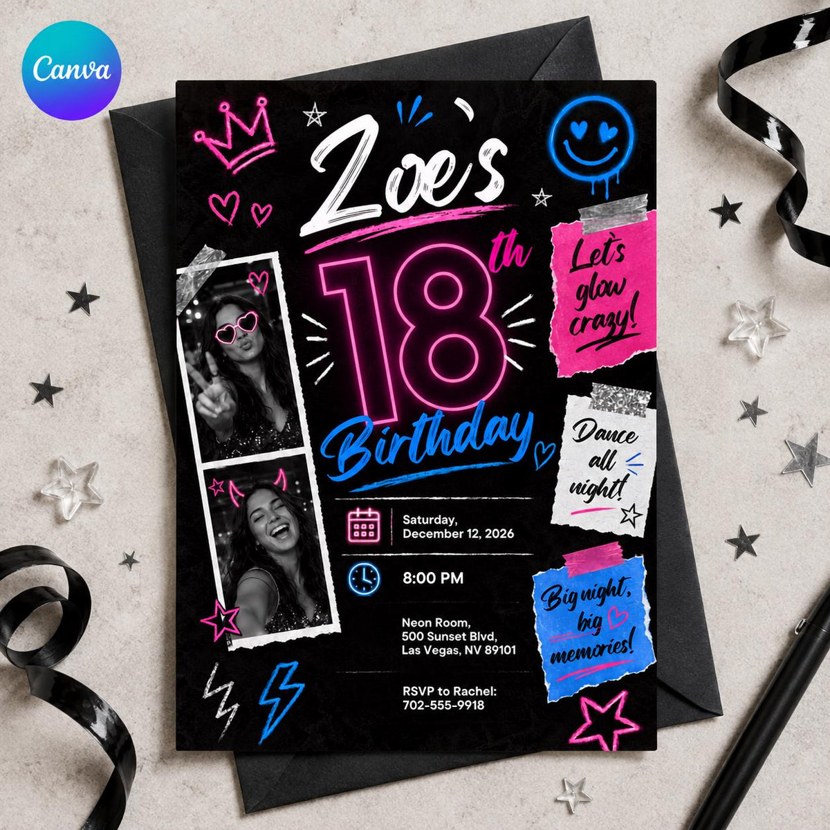 Pink and Blue 18th Birthday Invitation: Neon Pink Blue Glow Party Photo — editable Canva template
