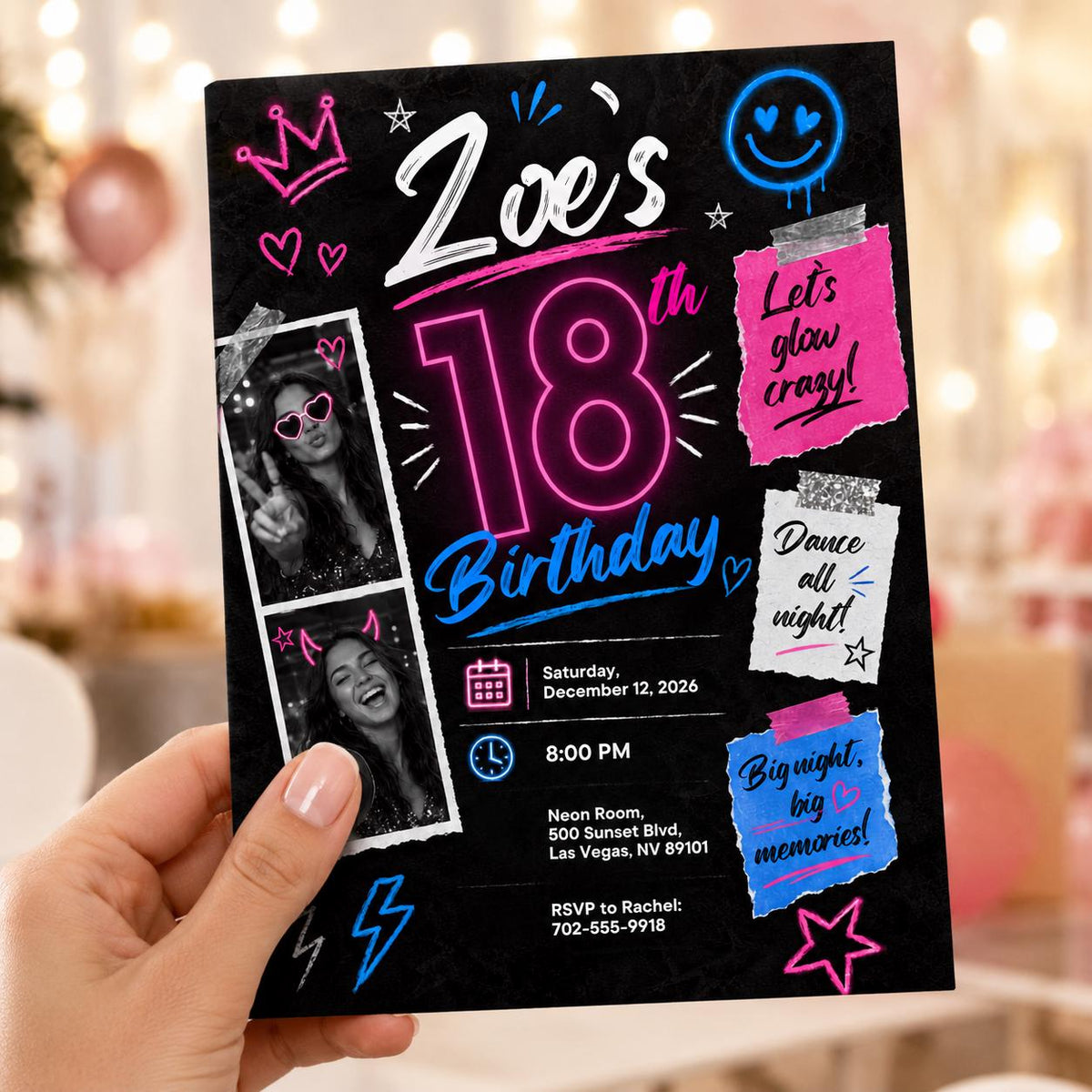 Pink and Blue 18th Birthday Invitation: Neon Pink Blue Glow Party Photo — invitation you personalize in Canva