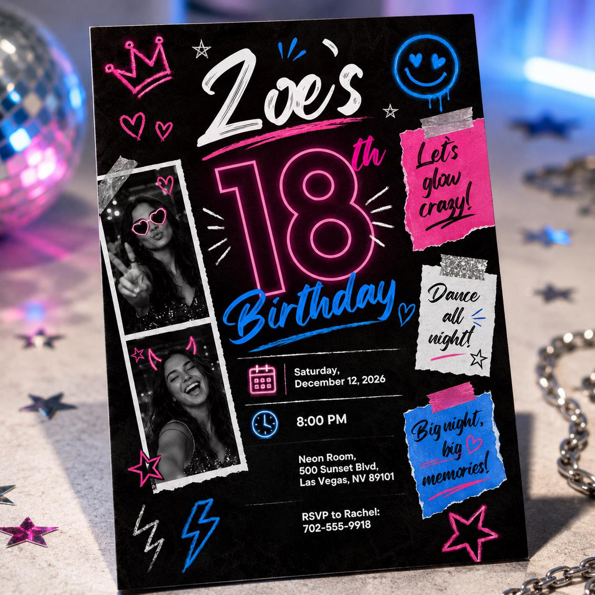 Pink and Blue 18th Birthday Invitation: Neon Pink Blue Glow Party Photo — digital invitation, instant download