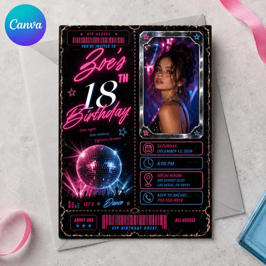 Pink and Blue 18th Birthday Invitation: Neon VIP Ticket Party — editable Canva template