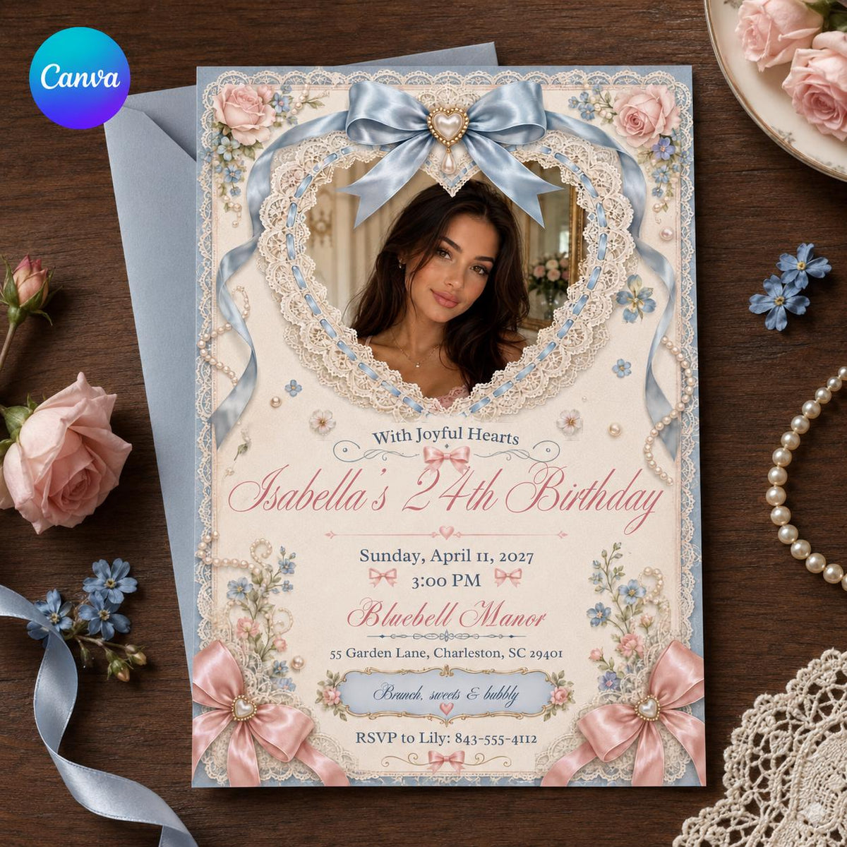 Pink and Blue 24th Birthday Invitation — editable Canva template