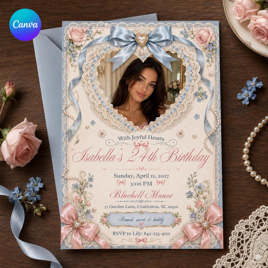 Pink and Blue 24th Birthday Invitation — editable Canva template
