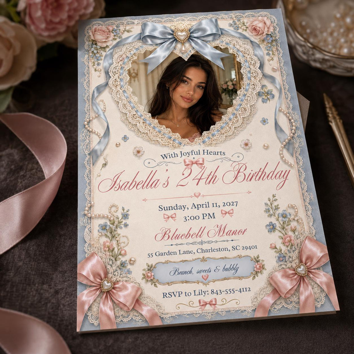 Pink and Blue 24th Birthday Invitation — invitation you personalize in Canva