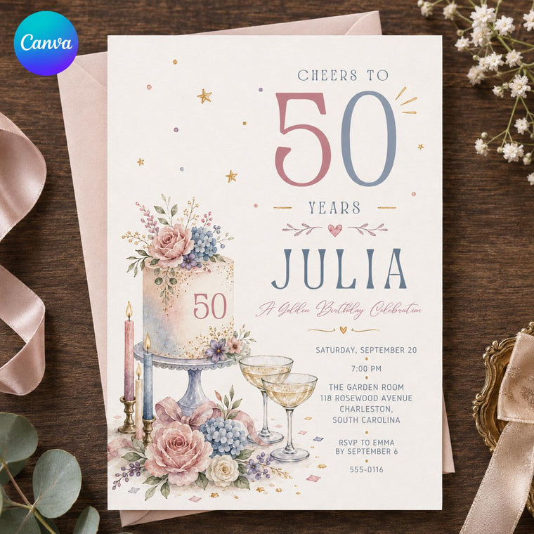 Pink and Blue 50th Birthday Invitation