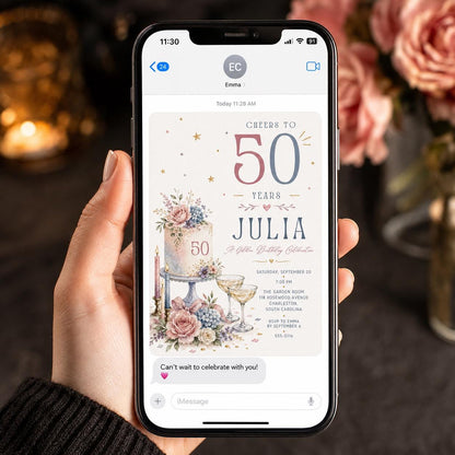 Pink and Blue 50th Birthday Invitation — cake champagne design