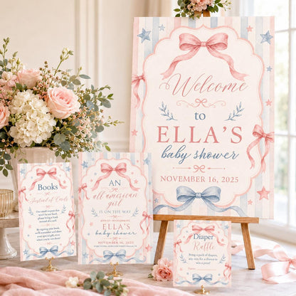Pink and Blue All American Girl Baby Shower Bundle — coquette baby shower design