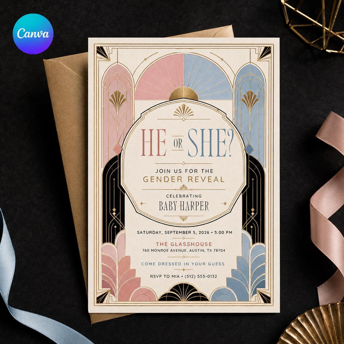 Pink and Blue Art Deco Gender Reveal Invitation — editable Canva template