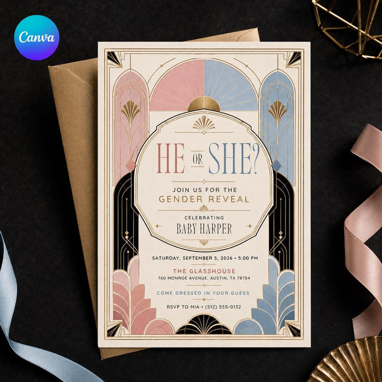 Pink and Blue Art Deco Gender Reveal Invitation