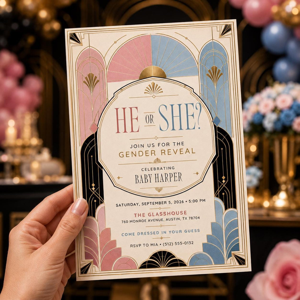 Pink and Blue Art Deco Gender Reveal Invitation — invitation you personalize in Canva