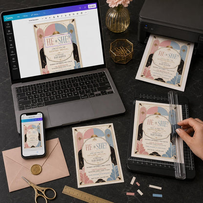 Pink and Blue Art Deco Gender Reveal Invitation — print-ready gender reveal design from VoltBy