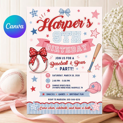 Pink and Blue Baseball and Bows Birthday Invitation for Girls — editable Canva template