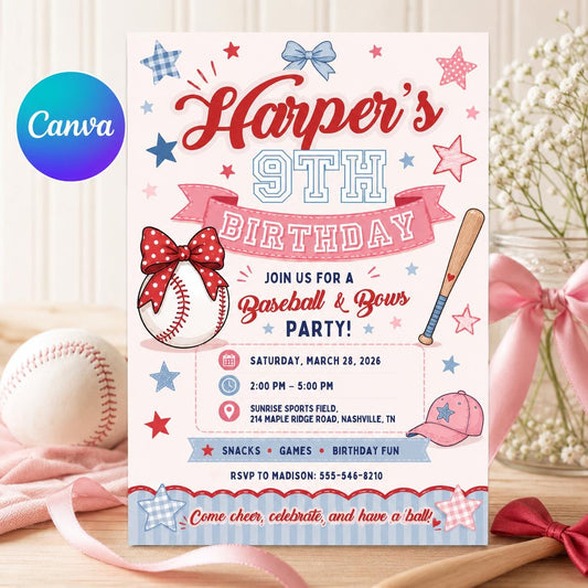 Pink and Blue Baseball and Bows Birthday Invitation for Girls — editable Canva template