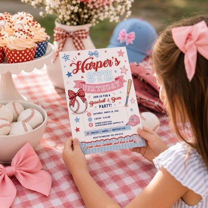 Pink and Blue Baseball and Bows Birthday Invitation for Girls — invitation you personalize in Canva