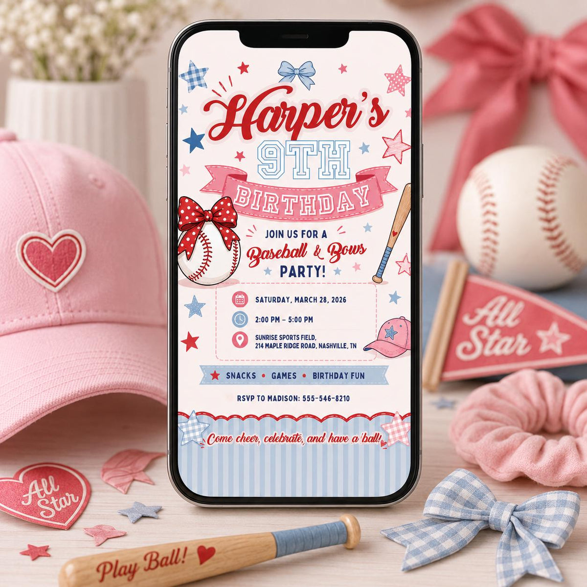 Pink and Blue Baseball and Bows Birthday Invitation for Girls — print-ready birthday party design from VoltBy