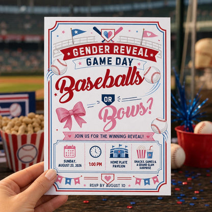 Pink and Blue Baseballs or Bows Gender Reveal Invitation — print-ready gender reveal design from VoltBy