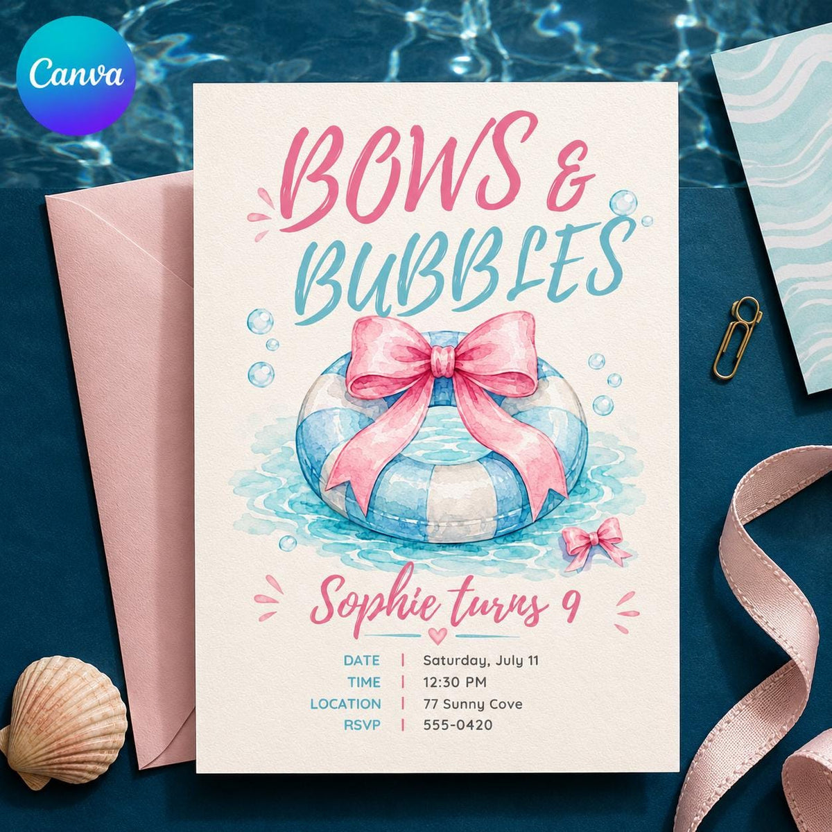 Pink and Blue Bows and Bubbles 9th Birthday Invitation for Girls — editable Canva template