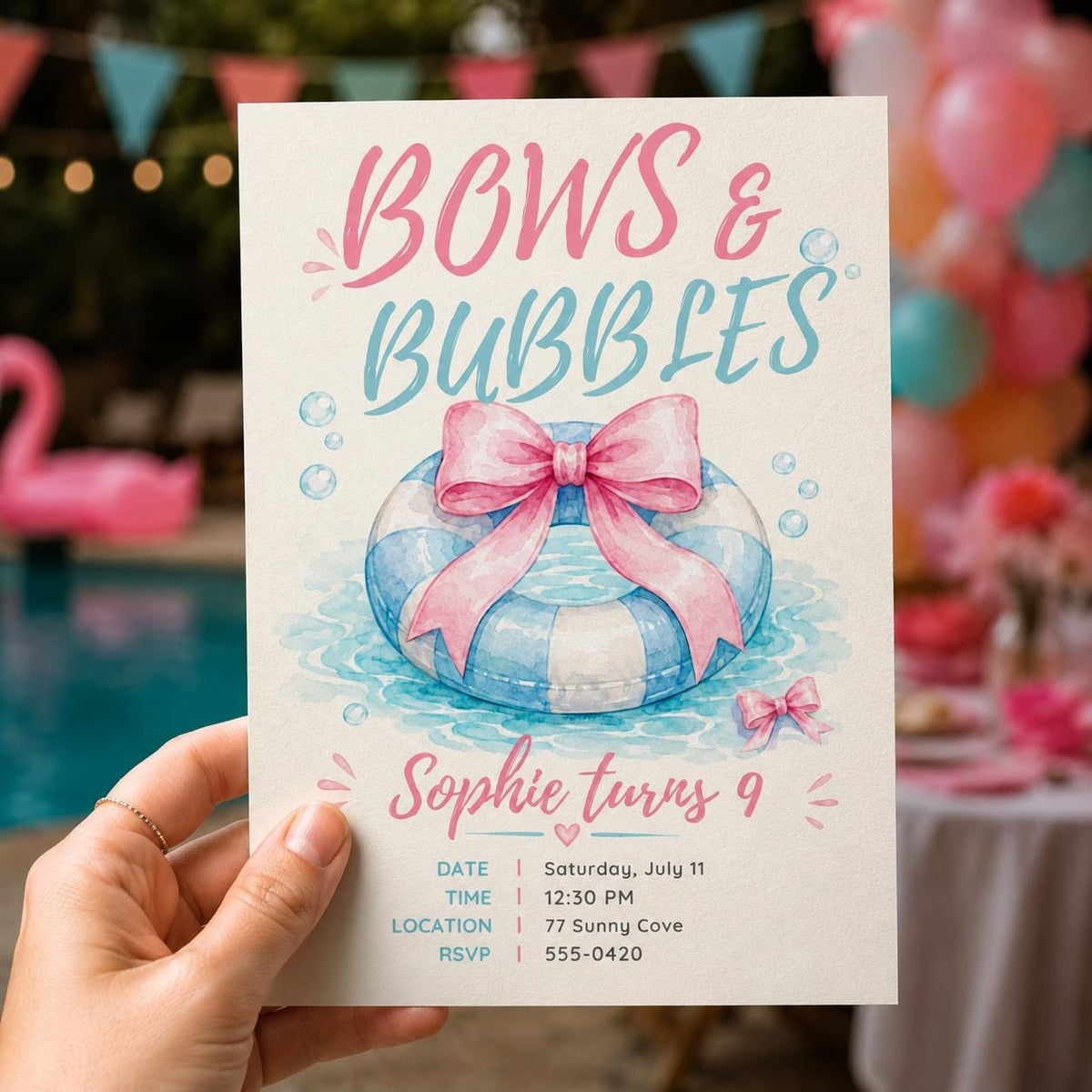 Pink and Blue Bows and Bubbles 9th Birthday Invitation for Girls — invitation you personalize in Canva