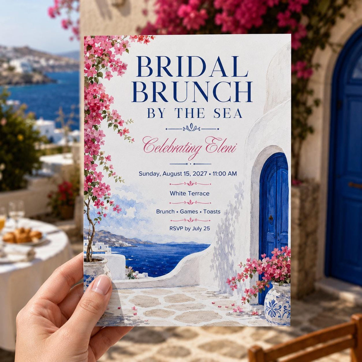 Pink and Blue Bridal Brunch Invitation — invitation you personalize in Canva