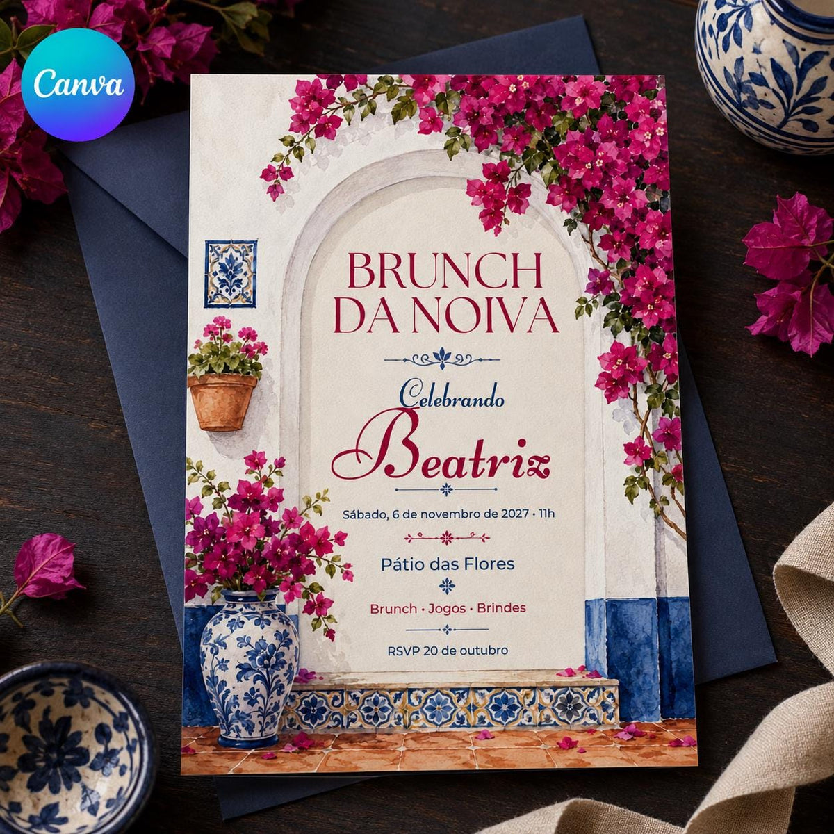 Pink and Blue Brunch da Noiva Invitation — editable Canva template