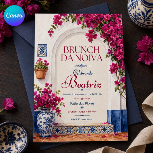Pink and Blue Brunch da Noiva Invitation — editable Canva template