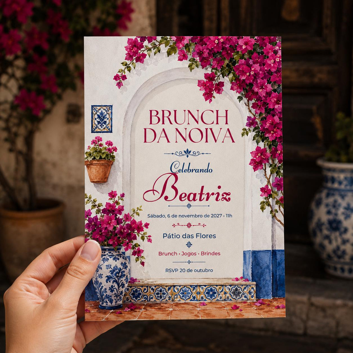 Pink and Blue Brunch da Noiva Invitation — floral bridal shower design