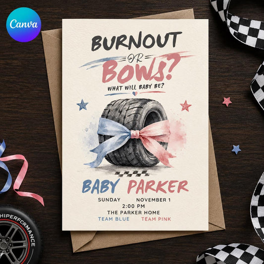 Pink and Blue Burnout or Bows Gender Reveal Invitation — editable Canva template