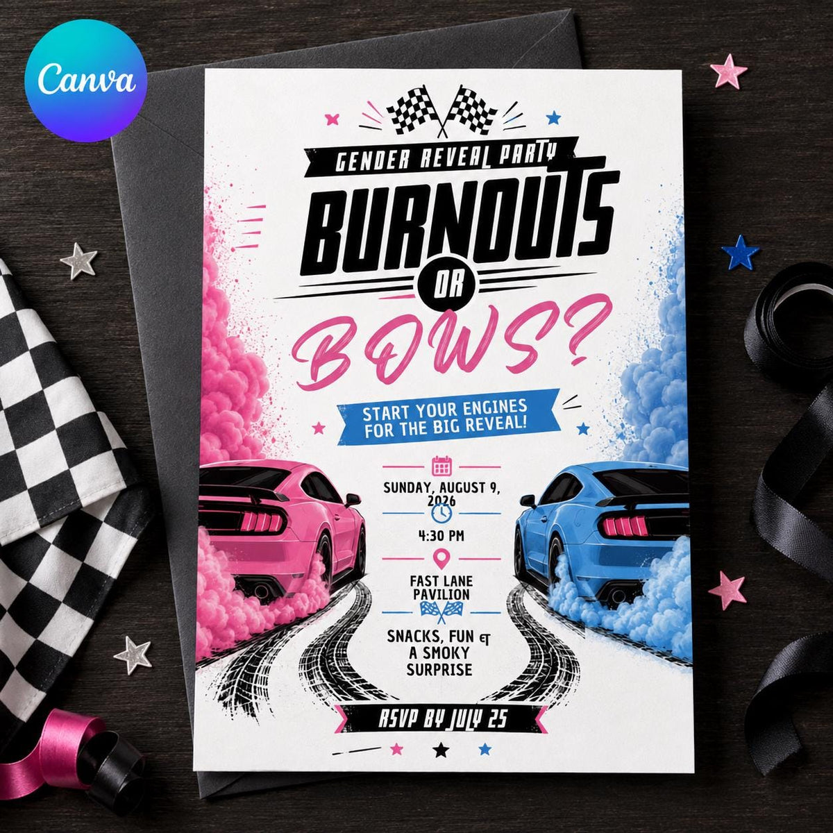 Pink and Blue Burnouts or Bows Gender Reveal Invitation — editable Canva template