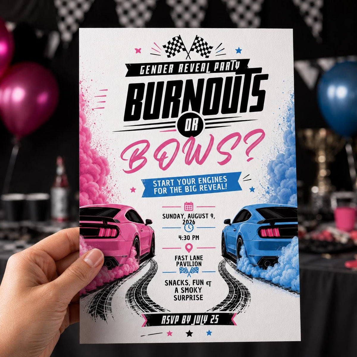 Pink and Blue Burnouts or Bows Gender Reveal Invitation — print-ready gender reveal design from VoltBy