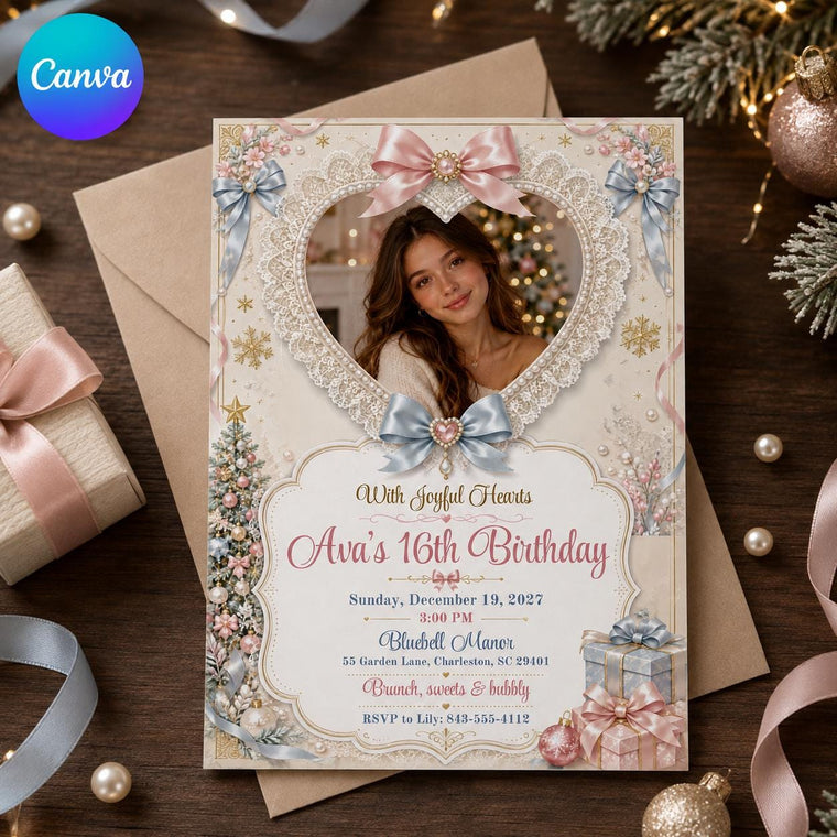 Pink and Blue Christmas Sweet 16 Birthday Invitation