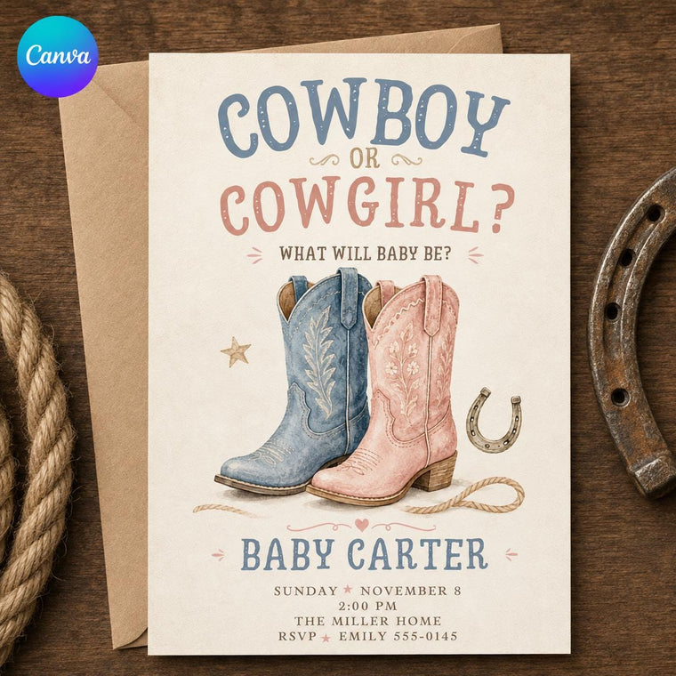 Pink and Blue Cowboy or Cowgirl Gender Reveal Invitation