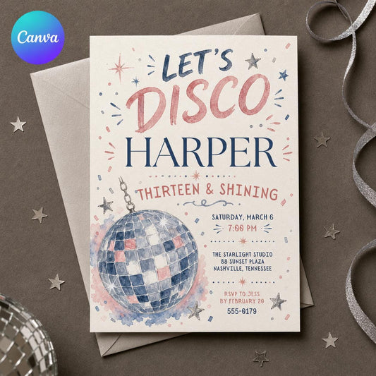 Pink and Blue Disco 13th Birthday Invitation for Girls — editable Canva template