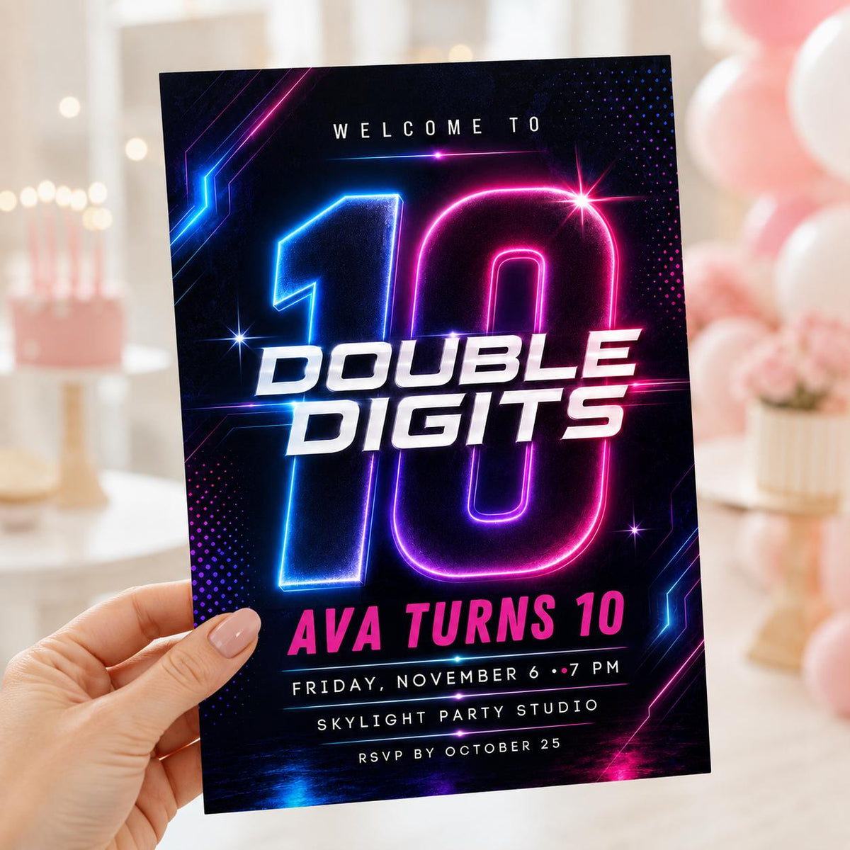Pink and Blue Double Digits 10th Birthday Invitation — neon 10th birthday party design