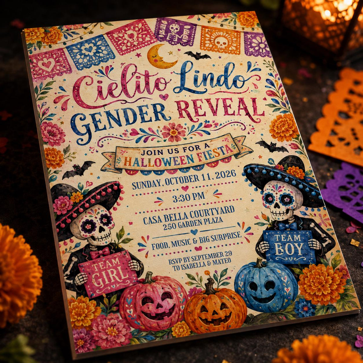 Pink and Blue Fiesta Baby Gender Reveal Invitation — skeleton design